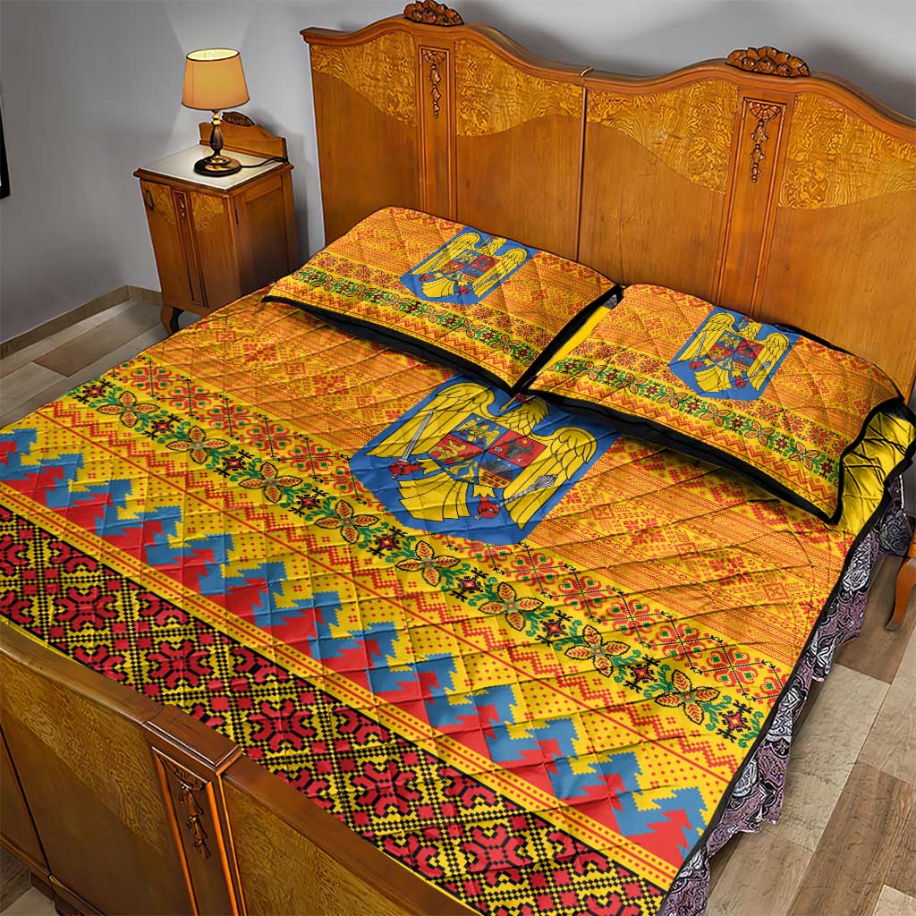 Romania Merry Christmas Quilt Bed Set Romania Emblem Traditional Folk Art - Polynesian Pride