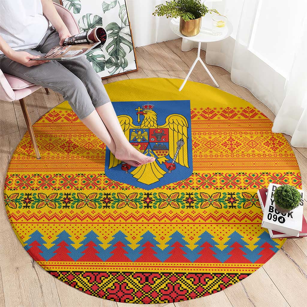 Romania Merry Christmas Round Carpet Romania Emblem Traditional Folk Art - Polynesian Pride