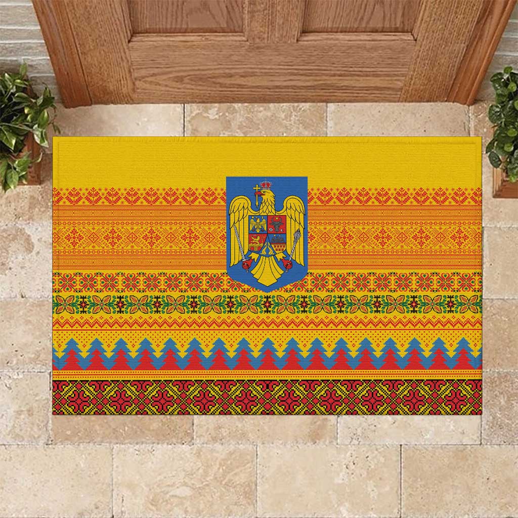 Romania Merry Christmas Rubber Doormat Romania Emblem Traditional Folk Art - Polynesian Pride