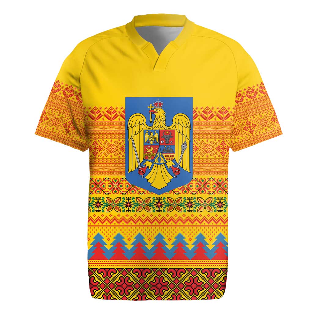 Romania Merry Christmas Rugby Jersey Romania Emblem Traditional Folk Art - Polynesian Pride