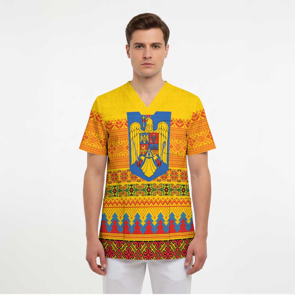 Romania Merry Christmas Scrub Top Romania Emblem Traditional Folk Art - Polynesian Pride