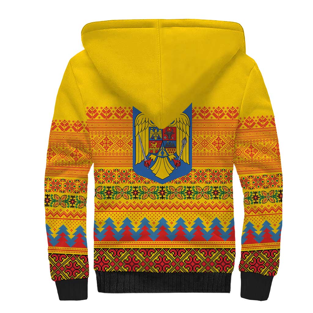 Romania Merry Christmas Sherpa Hoodie Romania Emblem Traditional Folk Art - Polynesian Pride