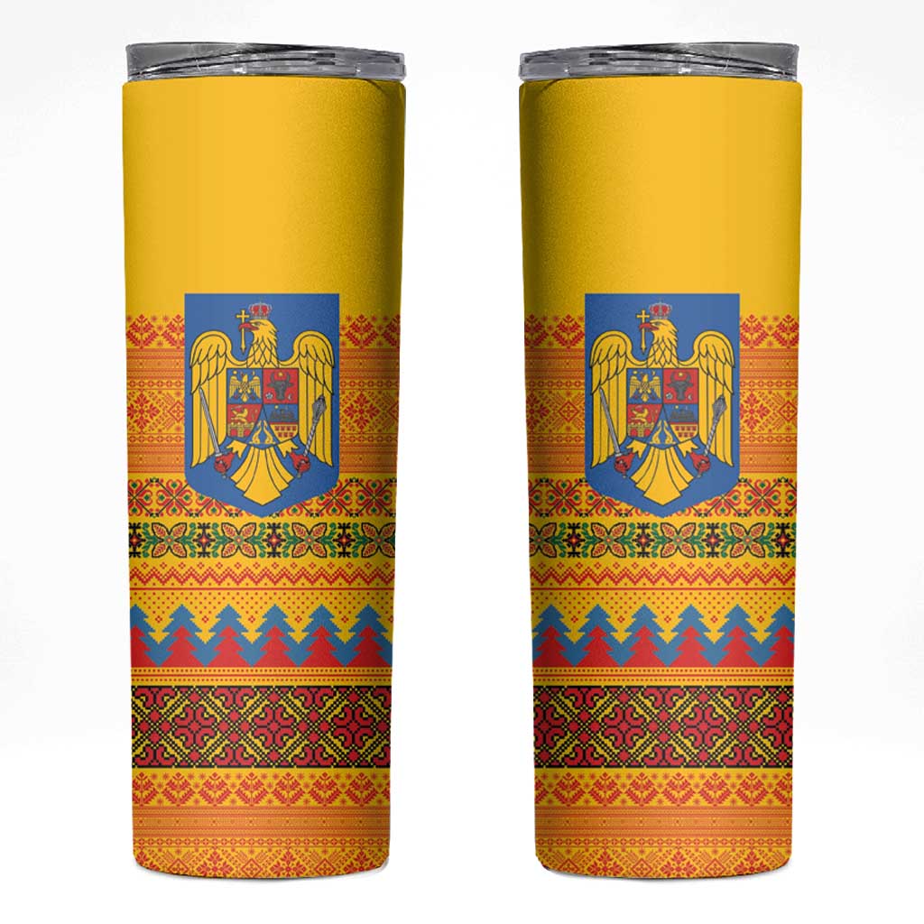 Romania Merry Christmas Skinny Tumbler Romania Emblem Traditional Folk Art - Polynesian Pride