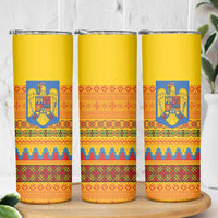 Romania Merry Christmas Skinny Tumbler Romania Emblem Traditional Folk Art - Polynesian Pride