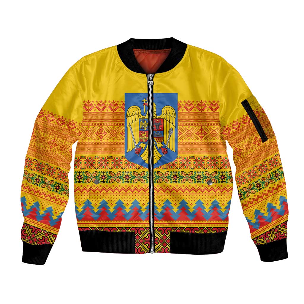 Romania Merry Christmas Sleeve Zip Bomber Jacket Romania Emblem Traditional Folk Art - Polynesian Pride