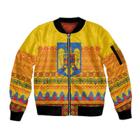Romania Merry Christmas Sleeve Zip Bomber Jacket Romania Emblem Traditional Folk Art - Polynesian Pride