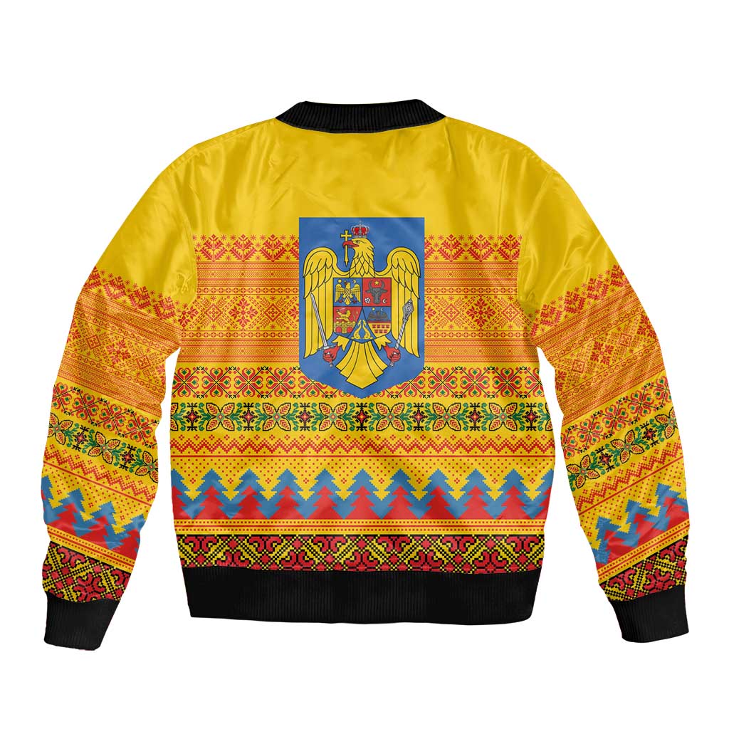 Romania Merry Christmas Sleeve Zip Bomber Jacket Romania Emblem Traditional Folk Art - Polynesian Pride