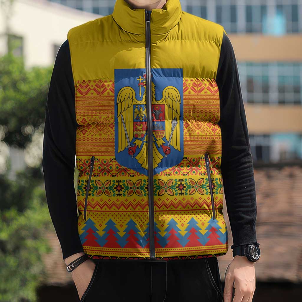 Romania Merry Christmas Sleeveless Puffer Jacket Romania Emblem Traditional Folk Art - Polynesian Pride
