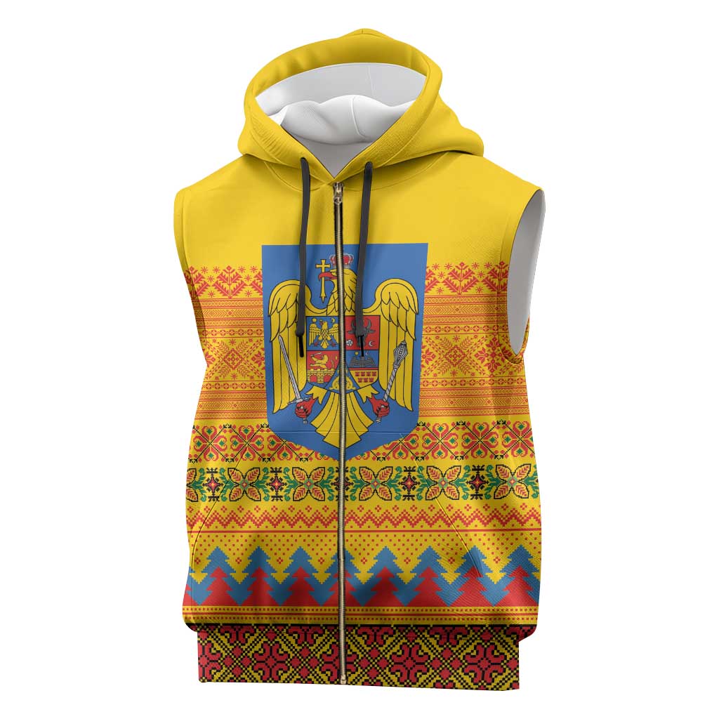 Romania Merry Christmas Sleeveless Zip Hoodie Romania Emblem Traditional Folk Art - Polynesian Pride