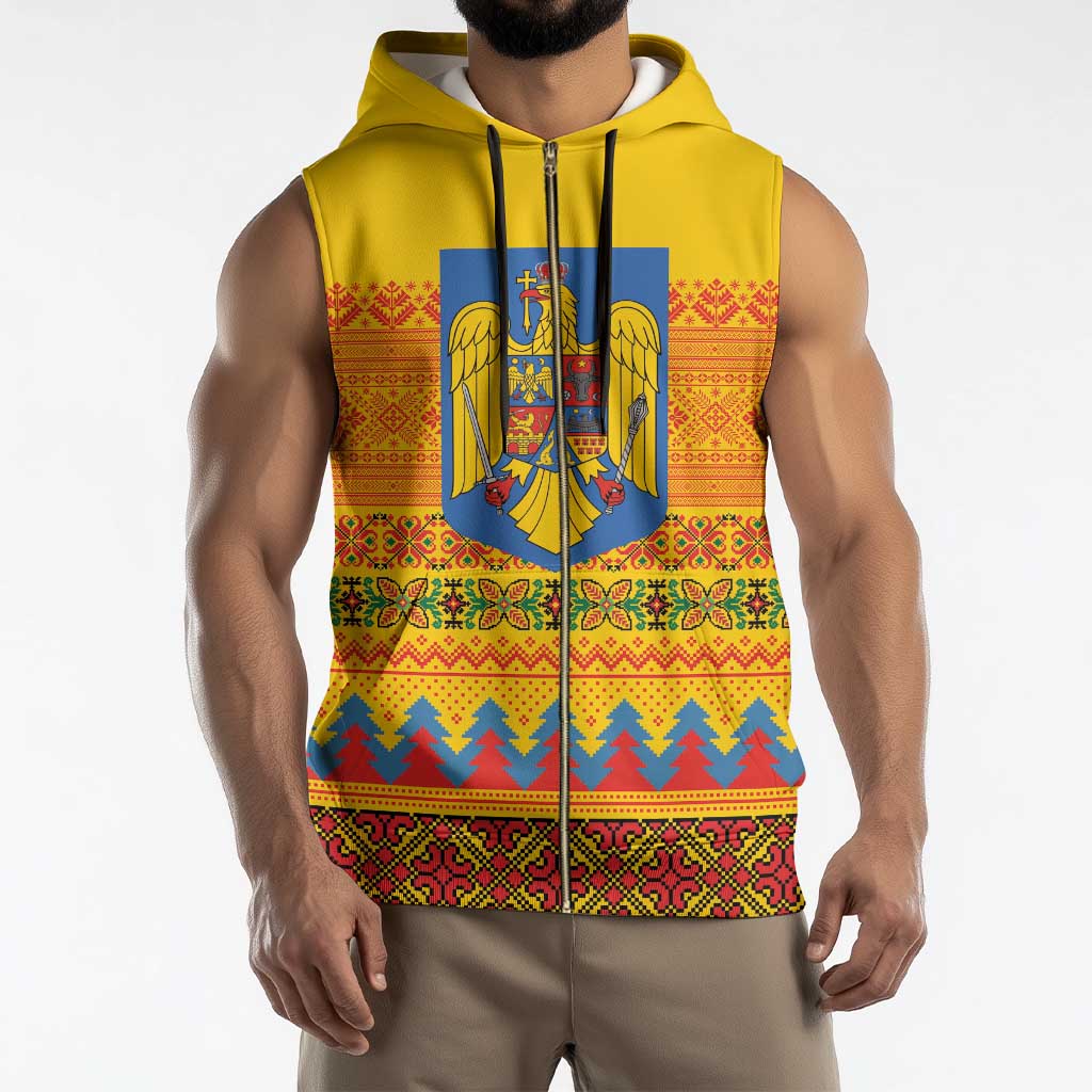 Romania Merry Christmas Sleeveless Zip Hoodie Romania Emblem Traditional Folk Art - Polynesian Pride
