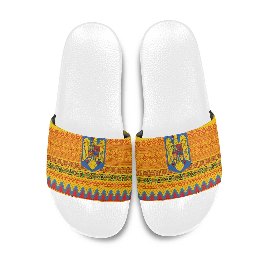 Romania Merry Christmas Slide Sandals Romania Emblem Traditional Folk Art - Polynesian Pride