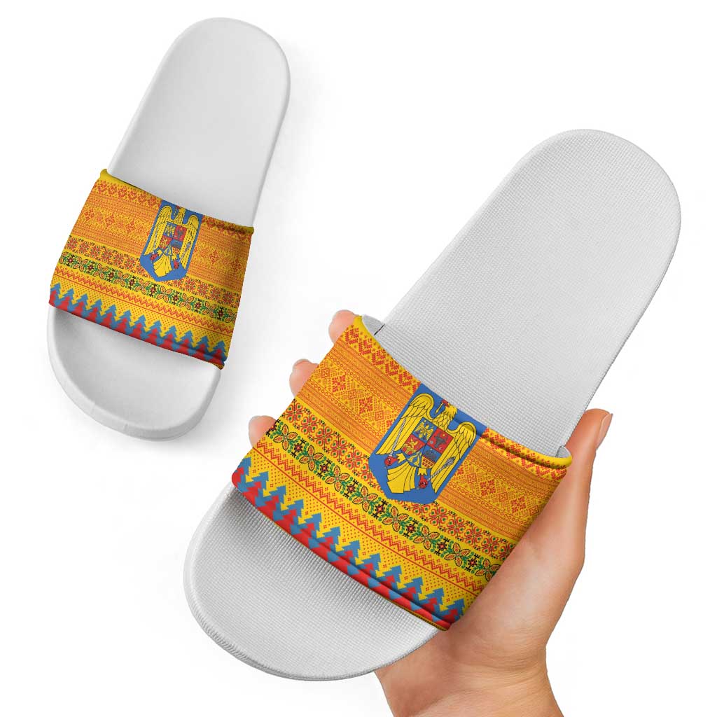 Romania Merry Christmas Slide Sandals Romania Emblem Traditional Folk Art - Polynesian Pride
