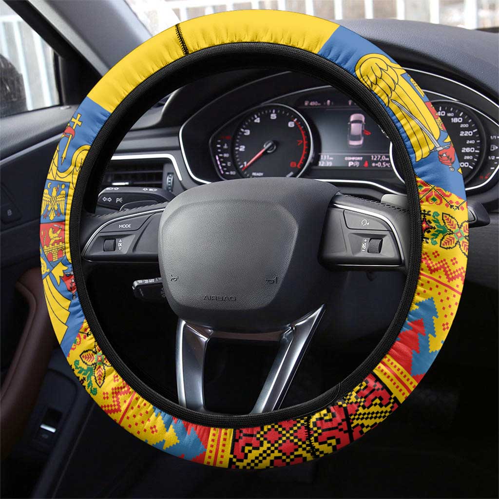 Romania Merry Christmas Steering Wheel Cover Romania Emblem Traditional Folk Art - Polynesian Pride