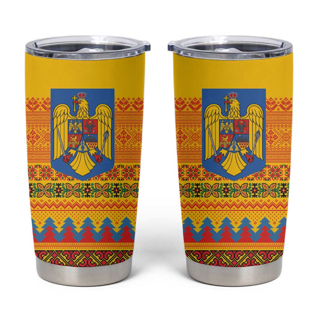Romania Merry Christmas Tumbler Cup Romania Emblem Traditional Folk Art - Polynesian Pride