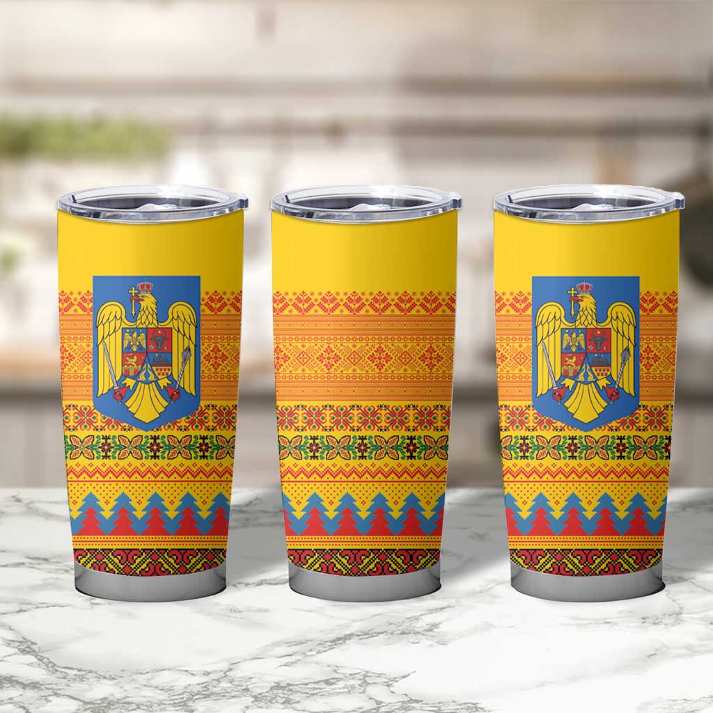 Romania Merry Christmas Tumbler Cup Romania Emblem Traditional Folk Art - Polynesian Pride