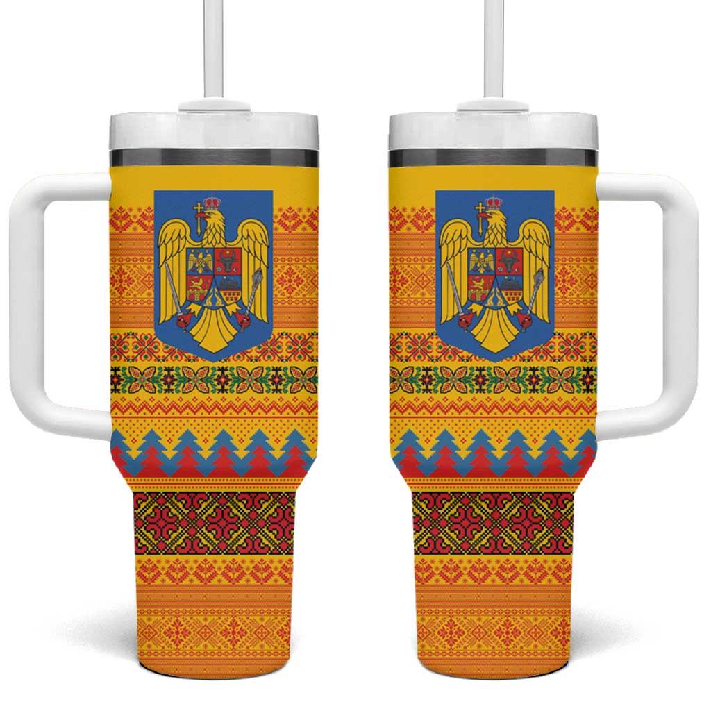 Romania Merry Christmas Tumbler With Handle Romania Emblem Traditional Folk Art - Polynesian Pride
