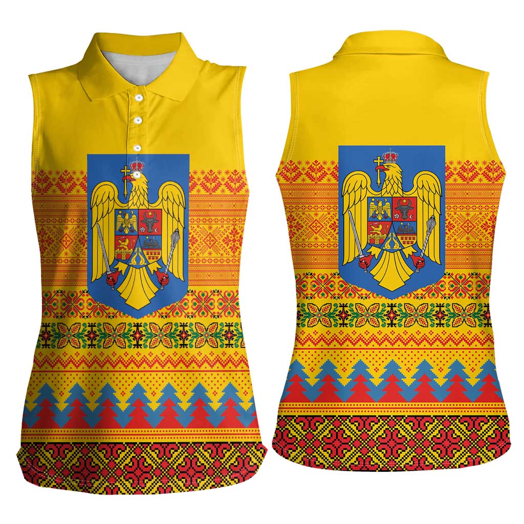 Romania Merry Christmas Women Sleeveless Polo Shirt Romania Emblem Traditional Folk Art - Polynesian Pride