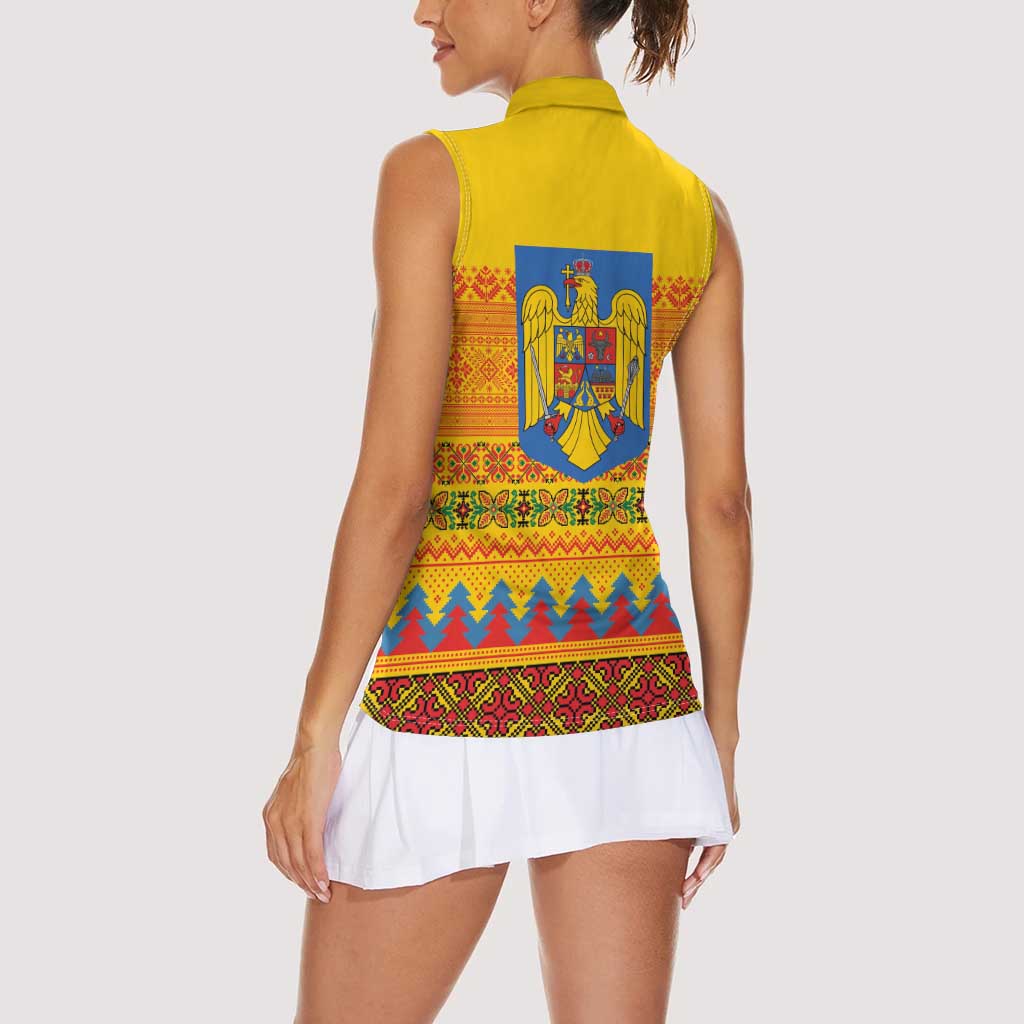 Romania Merry Christmas Women Sleeveless Polo Shirt Romania Emblem Traditional Folk Art - Polynesian Pride