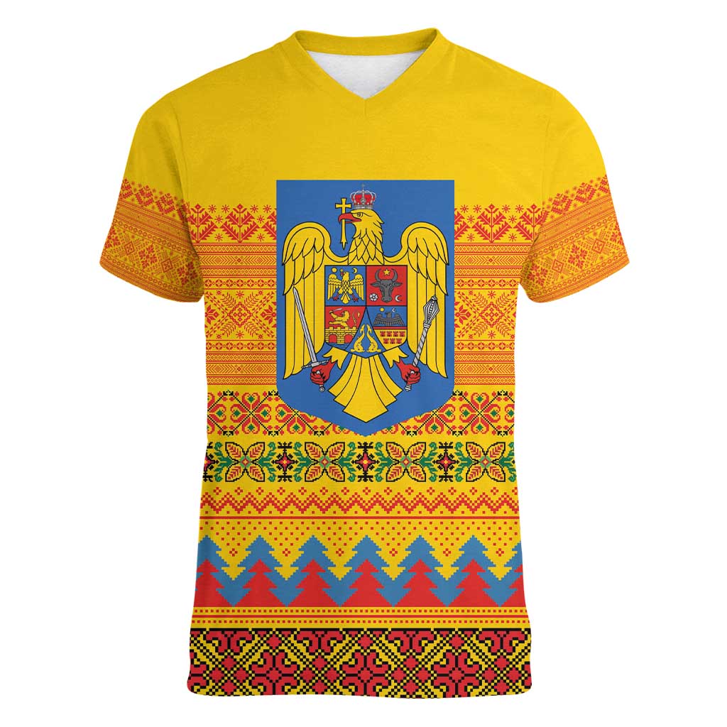 Romania Merry Christmas Women V-Neck T-Shirt Romania Emblem Traditional Folk Art - Polynesian Pride