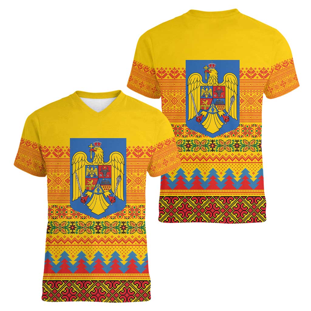 Romania Merry Christmas Women V-Neck T-Shirt Romania Emblem Traditional Folk Art - Polynesian Pride
