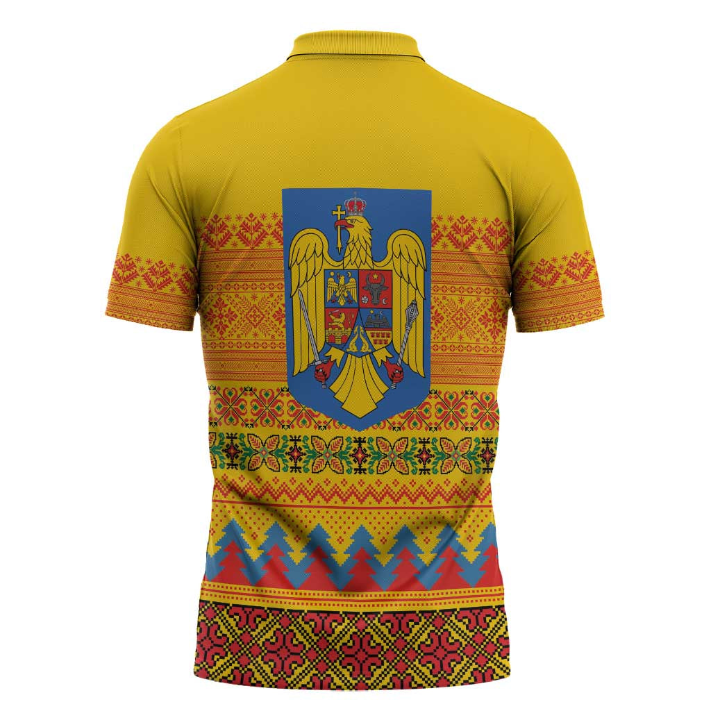 Romania Merry Christmas Zipper Polo Shirt Romania Emblem Traditional Folk Art - Polynesian Pride