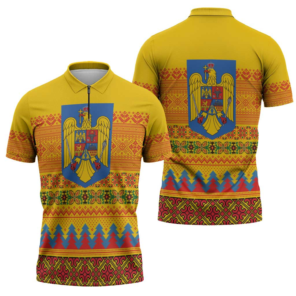 Romania Merry Christmas Zipper Polo Shirt Romania Emblem Traditional Folk Art - Polynesian Pride
