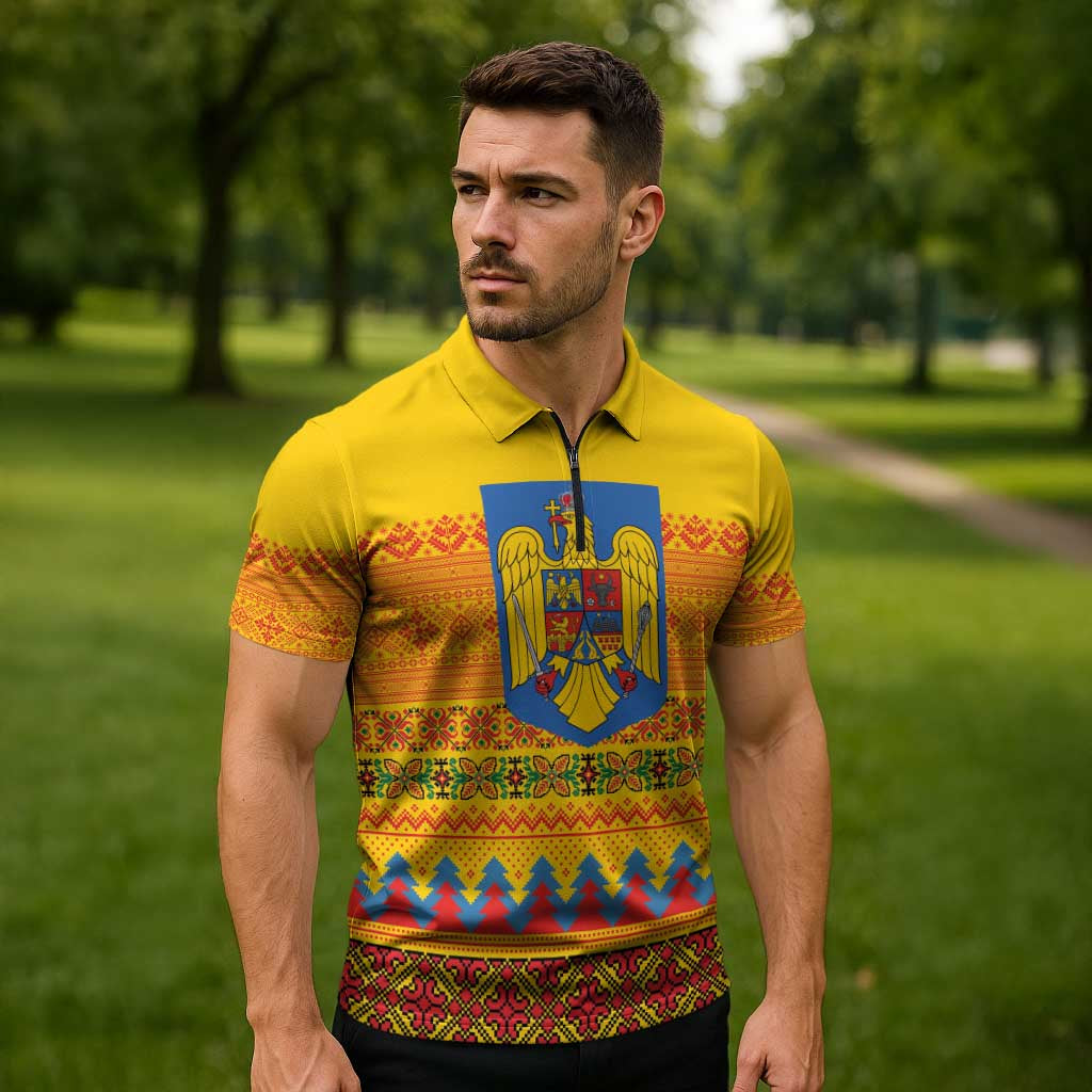 Romania Merry Christmas Zipper Polo Shirt Romania Emblem Traditional Folk Art - Polynesian Pride