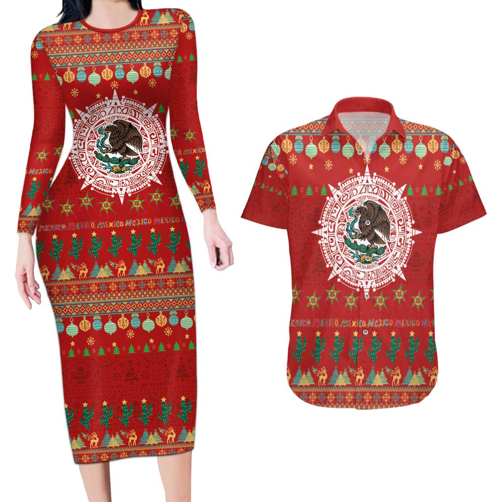 Mexico Merry Christmas Couples Matching Long Sleeve Bodycon Dress and Hawaiian Shirt Mexican Cultural Emblem Xmas Style - Polynesian Pride