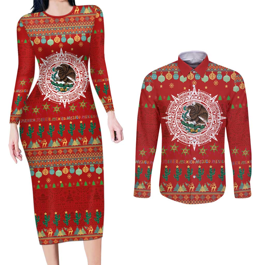 Mexico Merry Christmas Couples Matching Long Sleeve Bodycon Dress and Long Sleeve Button Shirt Mexican Cultural Emblem Xmas Style - Polynesian Pride