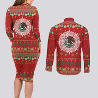 Mexico Merry Christmas Couples Matching Long Sleeve Bodycon Dress and Long Sleeve Button Shirt Mexican Cultural Emblem Xmas Style - Polynesian Pride