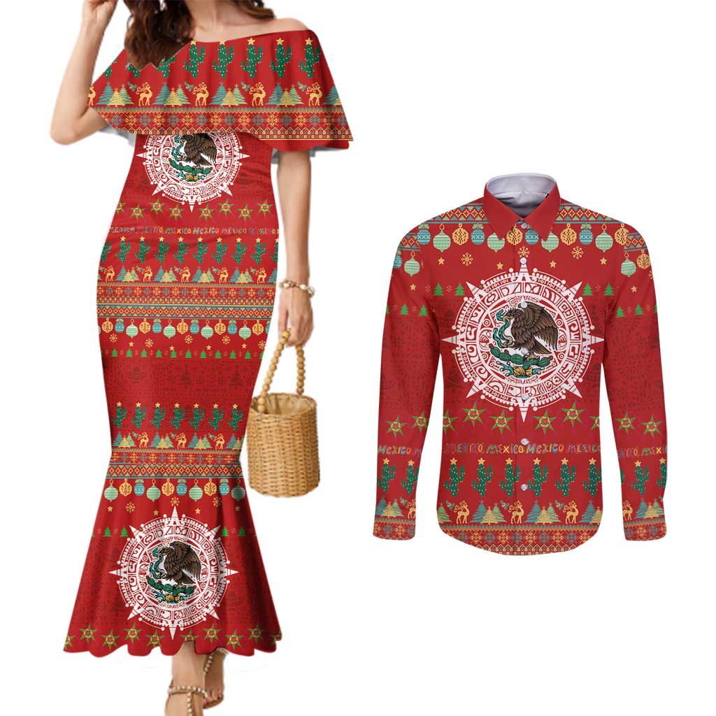 Mexico Merry Christmas Couples Matching Mermaid Dress and Long Sleeve Button Shirt Mexican Cultural Emblem Xmas Style - Polynesian Pride