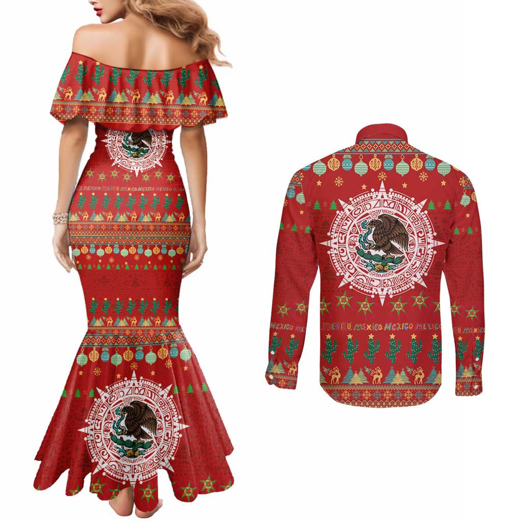 Mexico Merry Christmas Couples Matching Mermaid Dress and Long Sleeve Button Shirt Mexican Cultural Emblem Xmas Style - Polynesian Pride