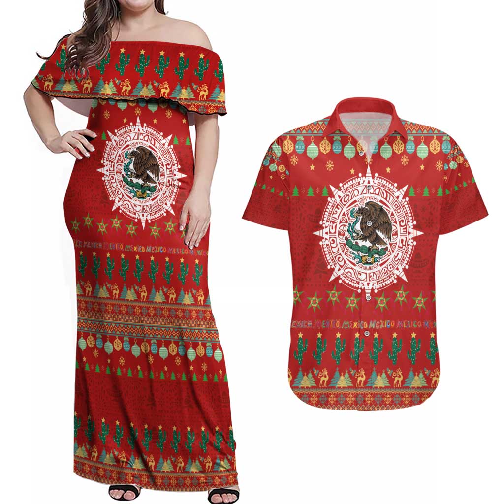 Mexico Merry Christmas Couples Matching Off Shoulder Maxi Dress and Hawaiian Shirt Mexican Cultural Emblem Xmas Style - Polynesian Pride