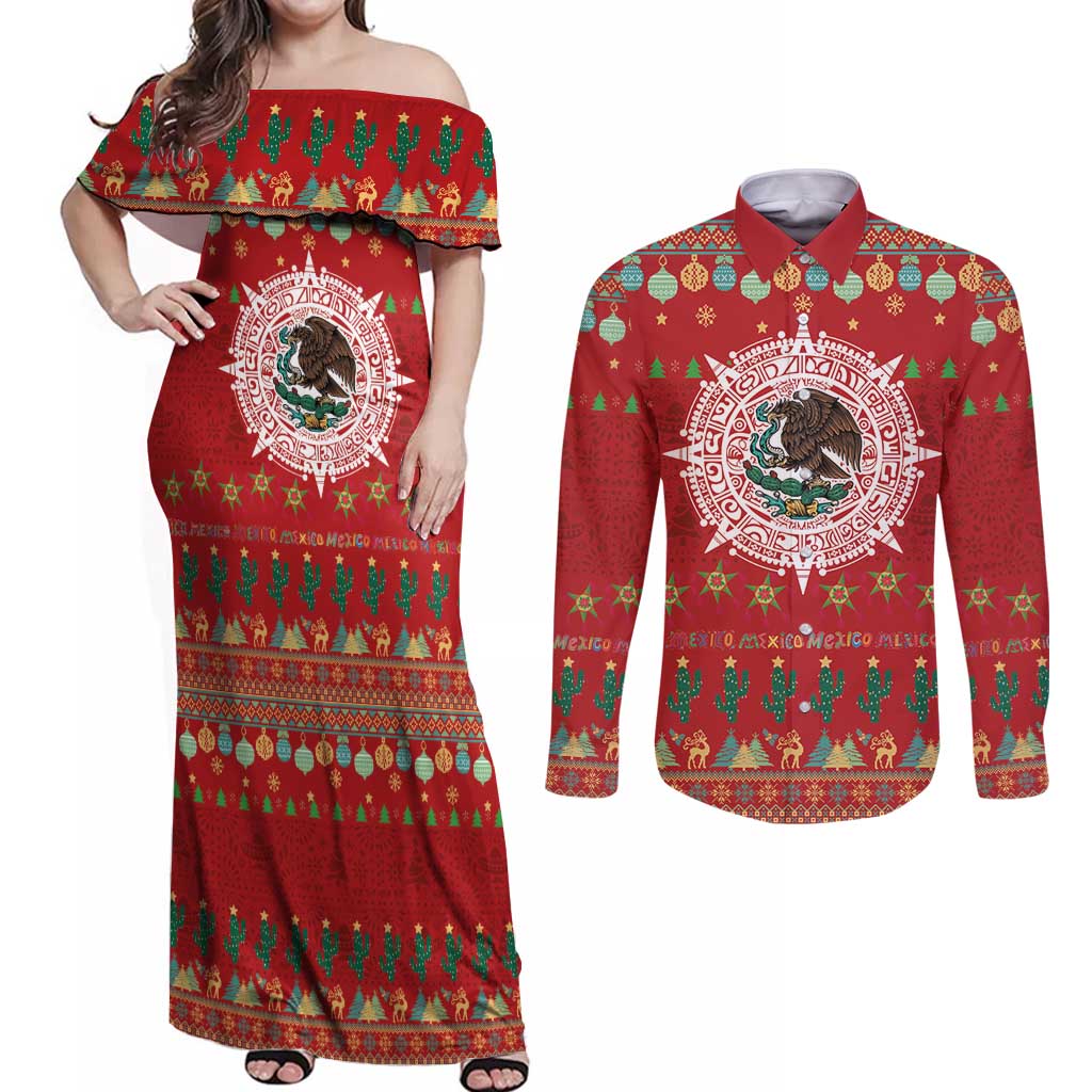 Mexico Merry Christmas Couples Matching Off Shoulder Maxi Dress and Long Sleeve Button Shirt Mexican Cultural Emblem Xmas Style - Polynesian Pride