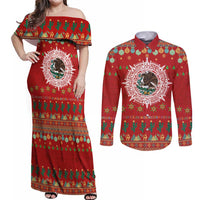 Mexico Merry Christmas Couples Matching Off Shoulder Maxi Dress and Long Sleeve Button Shirt Mexican Cultural Emblem Xmas Style - Polynesian Pride