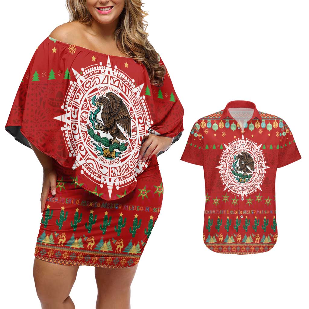 Mexico Merry Christmas Couples Matching Off Shoulder Short Dress and Hawaiian Shirt Mexican Cultural Emblem Xmas Style - Polynesian Pride
