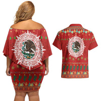 Mexico Merry Christmas Couples Matching Off Shoulder Short Dress and Hawaiian Shirt Mexican Cultural Emblem Xmas Style - Polynesian Pride