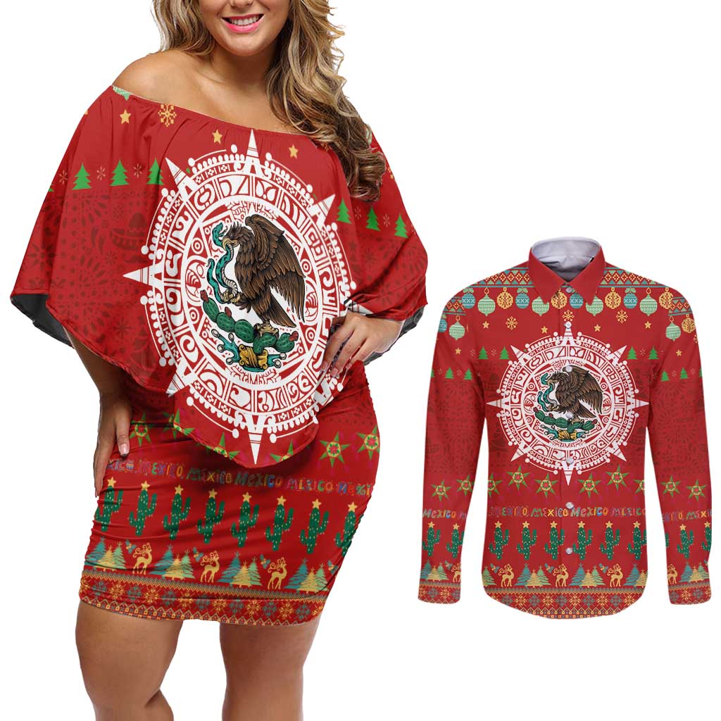 Mexico Merry Christmas Couples Matching Off Shoulder Short Dress and Long Sleeve Button Shirt Mexican Cultural Emblem Xmas Style - Polynesian Pride