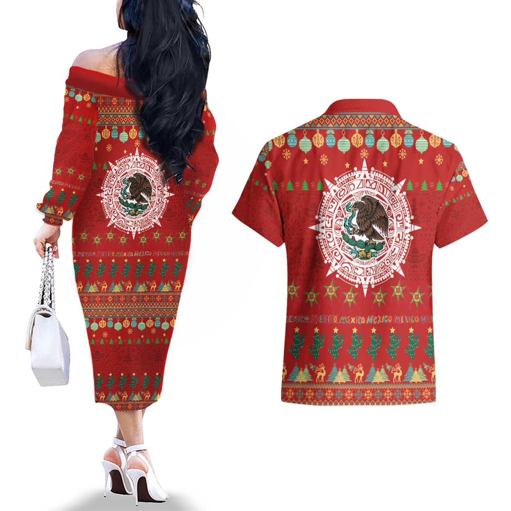 Mexico Merry Christmas Couples Matching Off The Shoulder Long Sleeve Dress and Hawaiian Shirt Mexican Cultural Emblem Xmas Style - Polynesian Pride