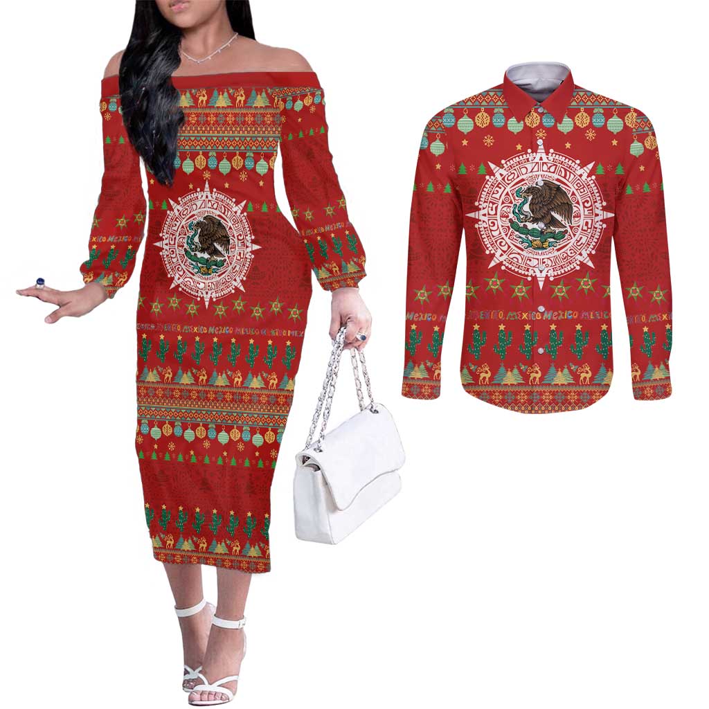 Mexico Merry Christmas Couples Matching Off The Shoulder Long Sleeve Dress and Long Sleeve Button Shirt Mexican Cultural Emblem Xmas Style - Polynesian Pride