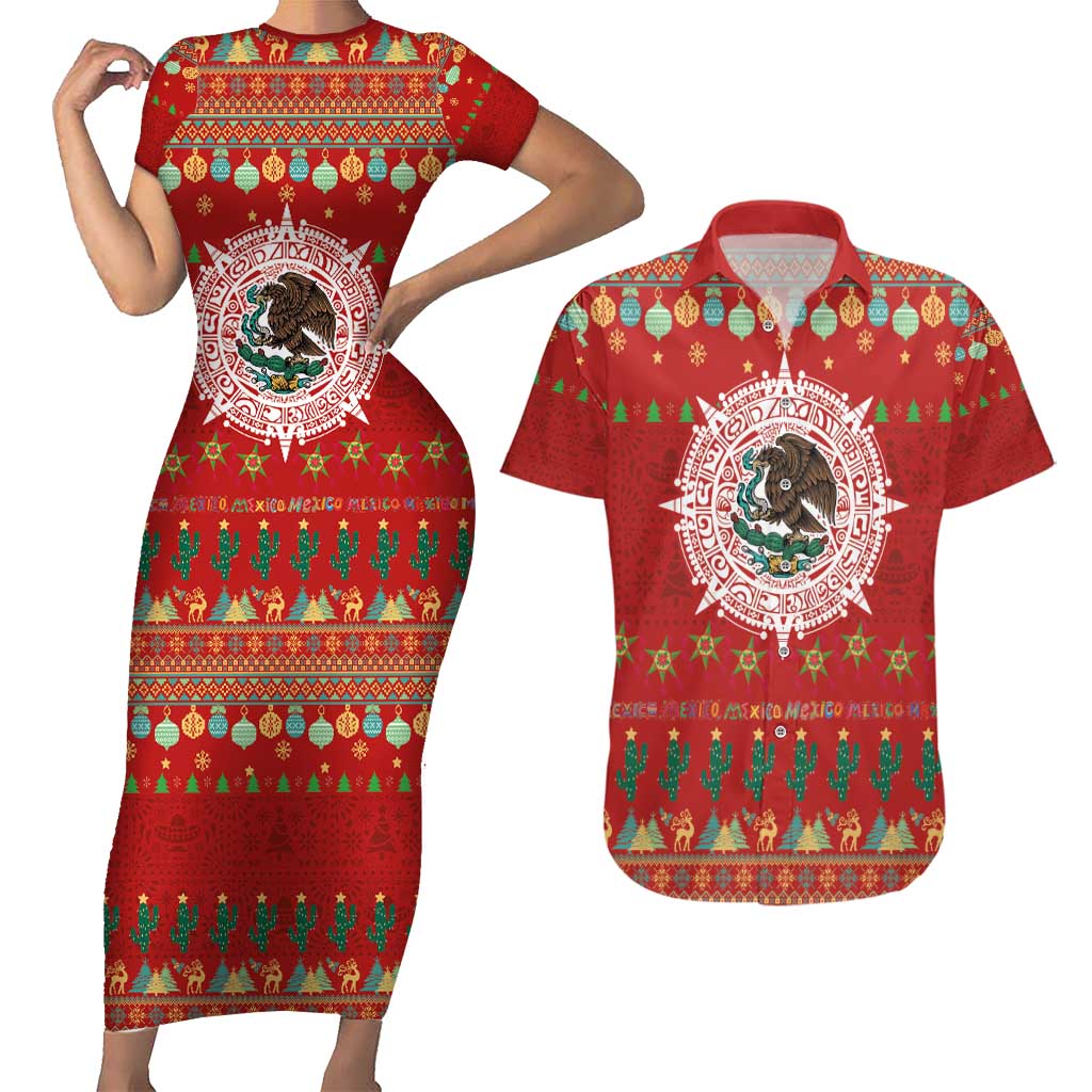 Mexico Merry Christmas Couples Matching Short Sleeve Bodycon Dress and Hawaiian Shirt Mexican Cultural Emblem Xmas Style - Polynesian Pride