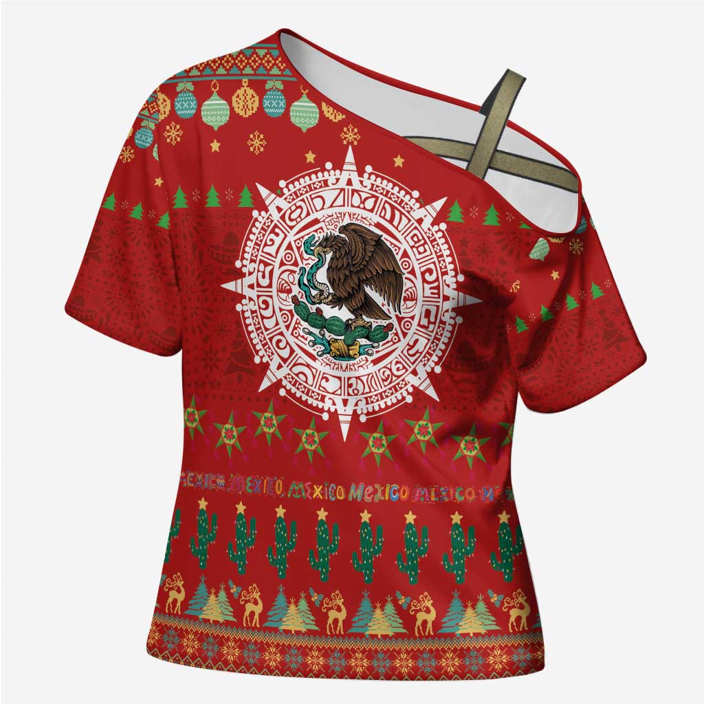 Mexico Merry Christmas Cross Shoulder Shirt Mexican Cultural Emblem Xmas Style - Polynesian Pride