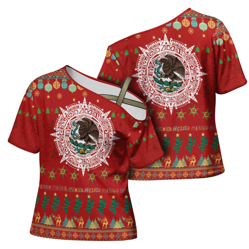 Mexico Merry Christmas Cross Shoulder Shirt Mexican Cultural Emblem Xmas Style - Polynesian Pride