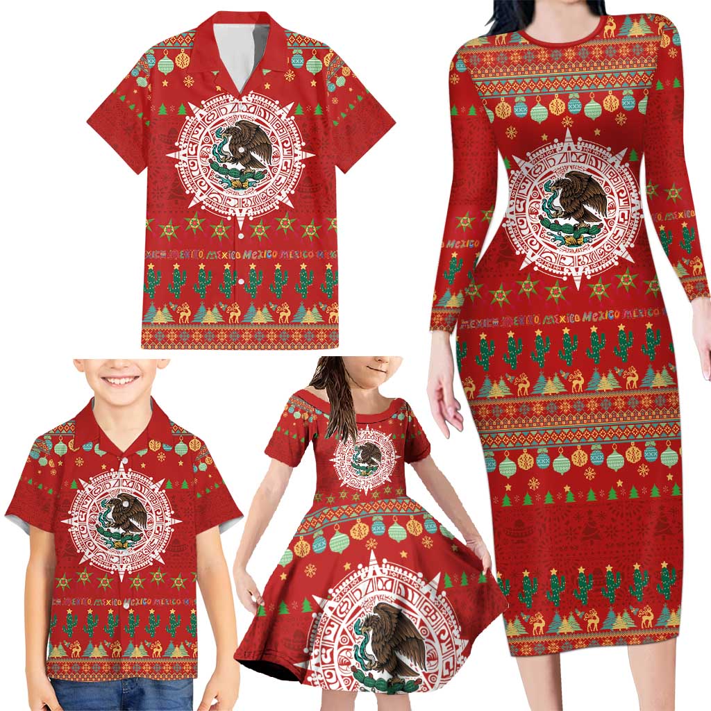 Mexico Merry Christmas Family Matching Long Sleeve Bodycon Dress and Hawaiian Shirt Mexican Cultural Emblem Xmas Style - Polynesian Pride