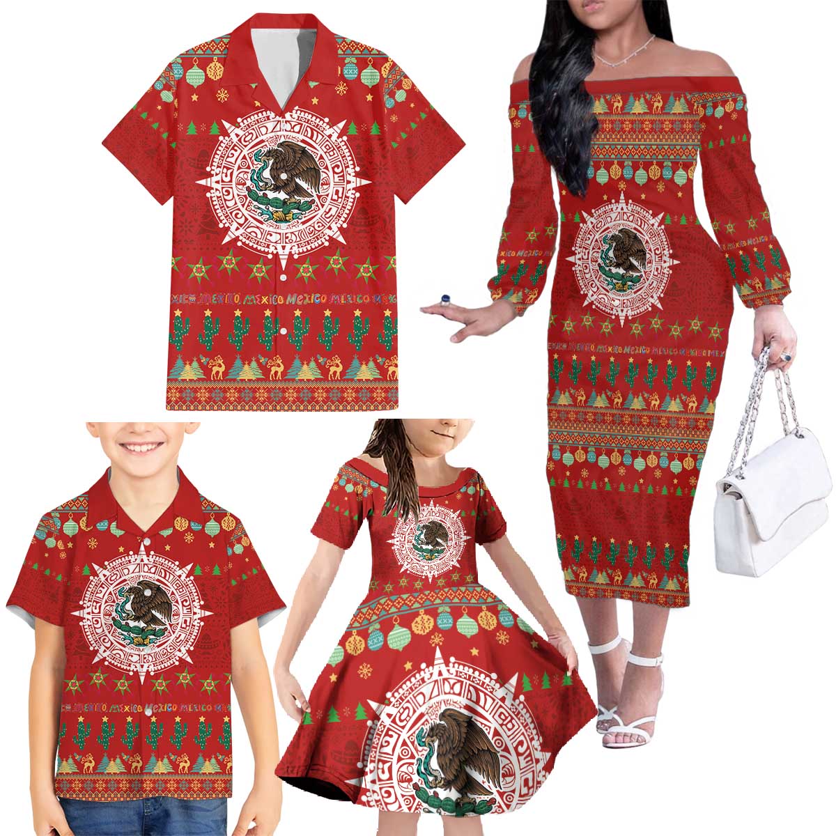 Mexico Merry Christmas Family Matching Off The Shoulder Long Sleeve Dress and Hawaiian Shirt Mexican Cultural Emblem Xmas Style - Polynesian Pride
