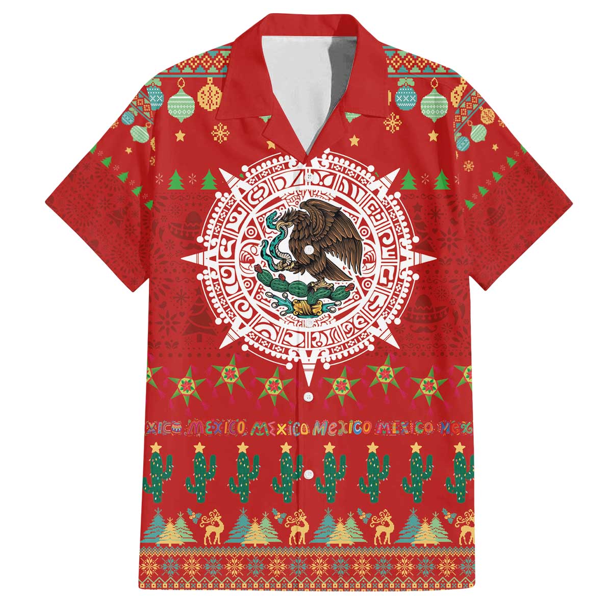 Mexico Merry Christmas Family Matching Off The Shoulder Long Sleeve Dress and Hawaiian Shirt Mexican Cultural Emblem Xmas Style - Polynesian Pride