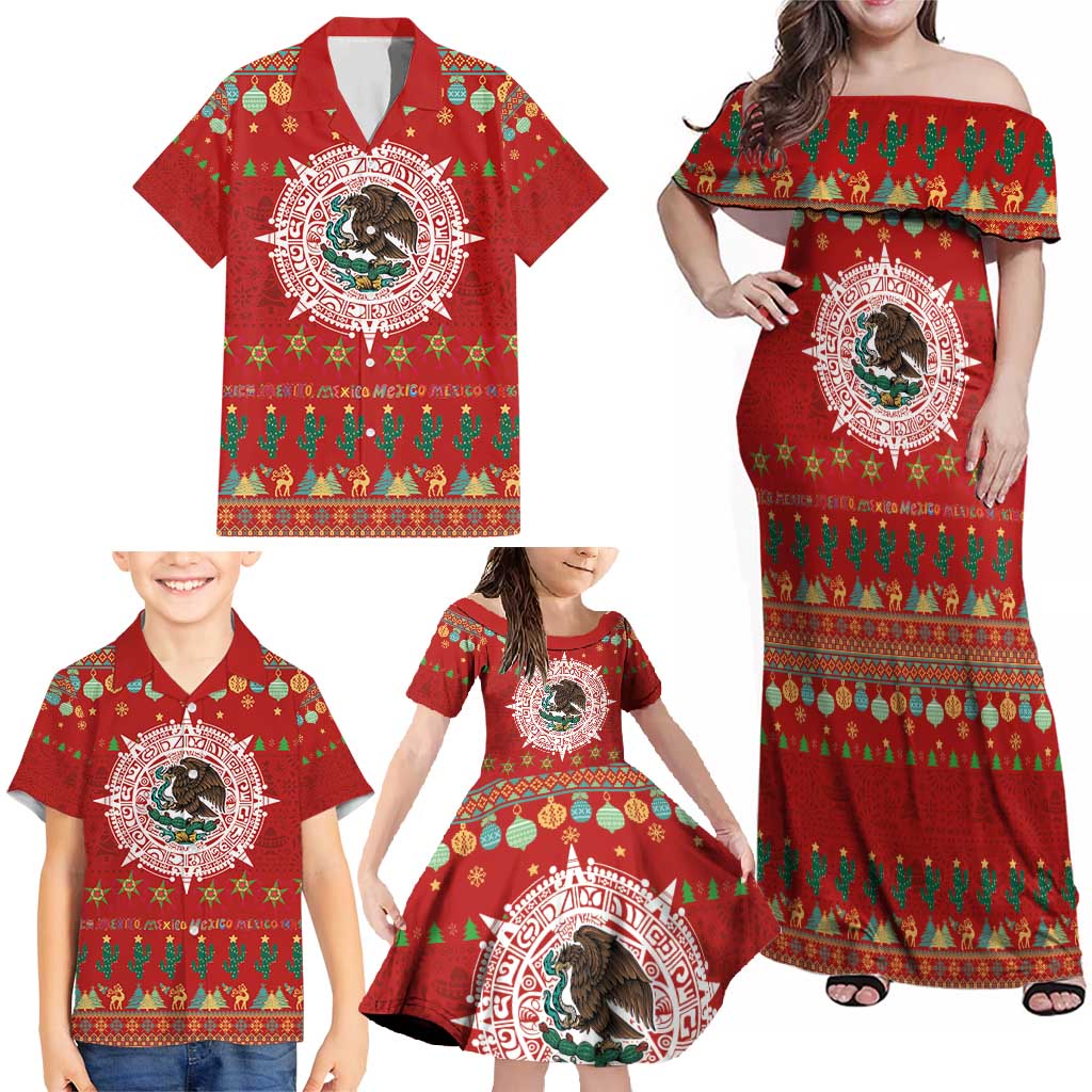 Mexico Merry Christmas Family Matching Off Shoulder Maxi Dress and Hawaiian Shirt Mexican Cultural Emblem Xmas Style - Polynesian Pride