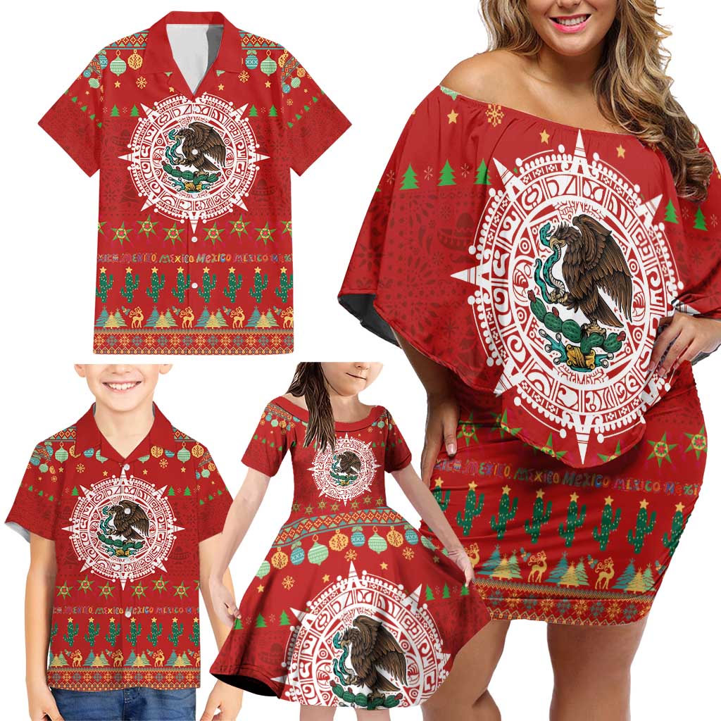 Mexico Merry Christmas Family Matching Off Shoulder Short Dress and Hawaiian Shirt Mexican Cultural Emblem Xmas Style - Polynesian Pride