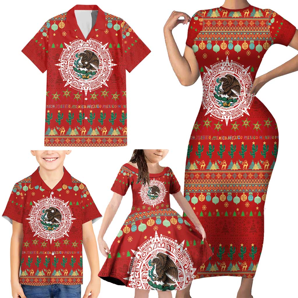 Mexico Merry Christmas Family Matching Short Sleeve Bodycon Dress and Hawaiian Shirt Mexican Cultural Emblem Xmas Style - Polynesian Pride