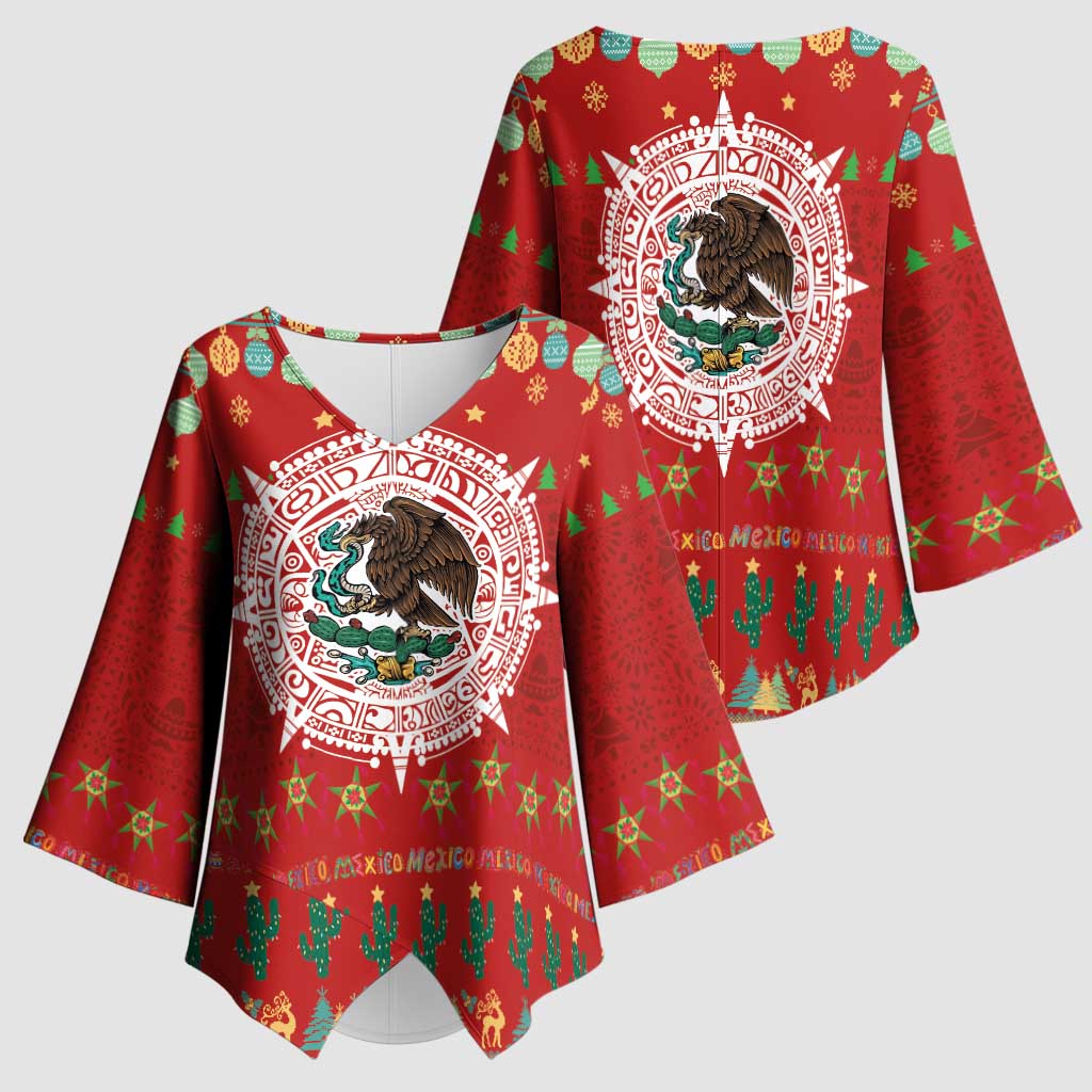Mexico Merry Christmas Kimono Sleeve Blouse Mexican Cultural Emblem Xmas Style - Polynesian Pride